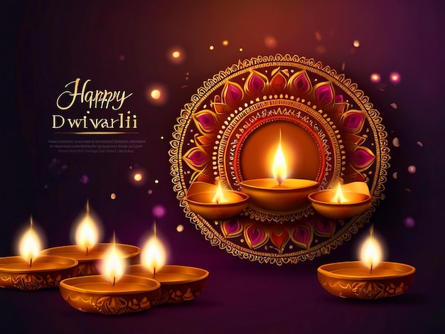 Photo happy diwali background with hyperrealistic lighting and lamp space for text in 8k