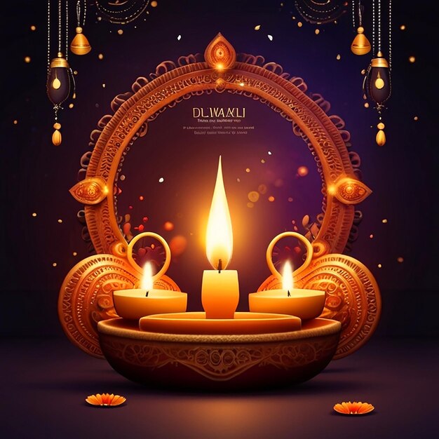 Photo happy diwali background with hyperrealistic lighting and lamp space for text in 8k