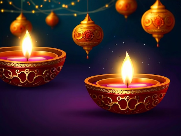 Photo happy diwali background with hyperrealistic lighting and lamp space for text in 8k