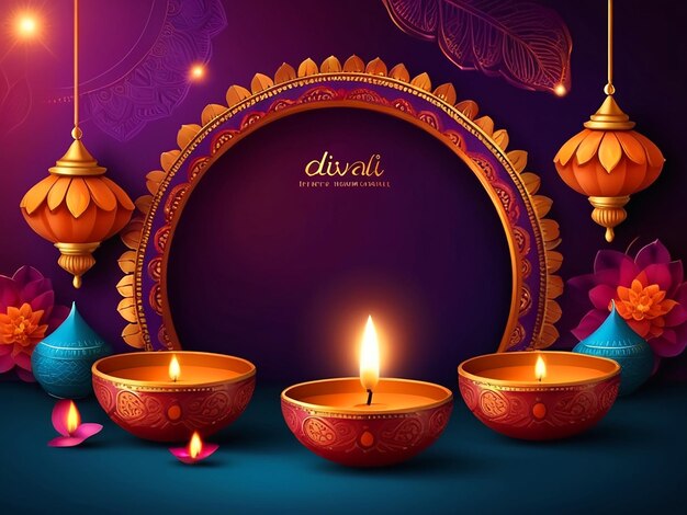 Photo happy diwali background with hyperrealistic lighting and lamp space for text in 8k