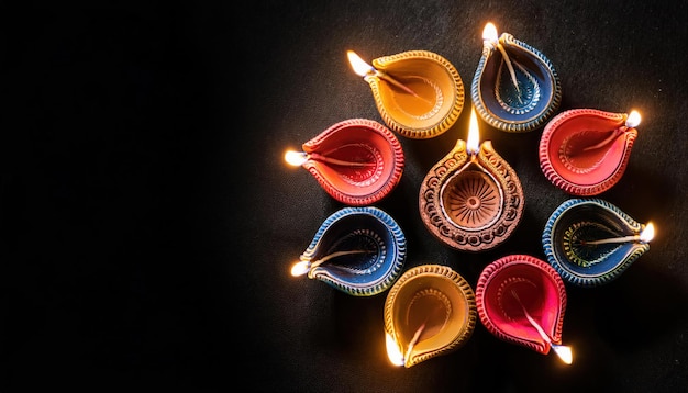 Photo happy diwali clay diya lamps lit for dipavali hindu festival of lights celebration