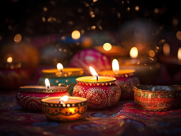 Happy Diwali clay diya oil lamps lit during Dipavali Hindu festival of lights colorful celebration