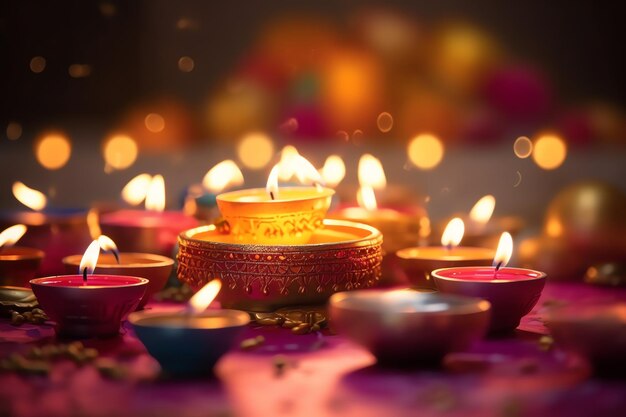 Happy diwali or deepavali traditional indian festival with clay diya oil lamp Indian hindu festival