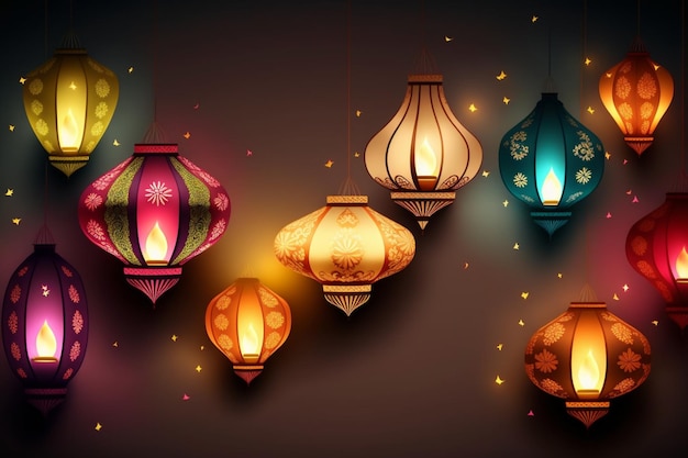 Happy diwali or deepavali traditional indian festival with lamp or sky lantern Indian hindu festival