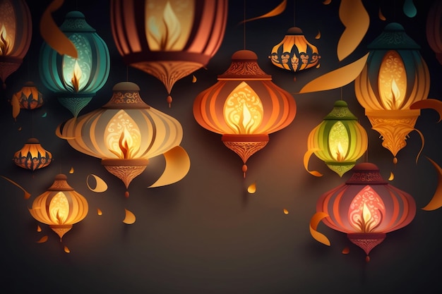 Happy diwali or deepavali traditional indian festival with lamp or sky lantern Indian hindu festival