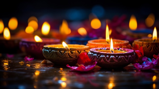 Happy Diwali Diya lamps lit during Diwali celebrate