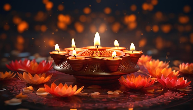 Happy diwali festival background with realistic oil lamp