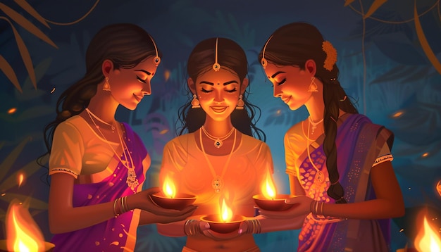 Happy diwali festival background women holding oil lamp