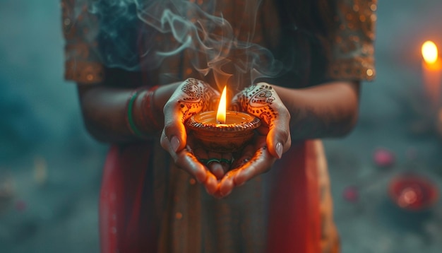 Happy diwali festival background women holding oil lamp