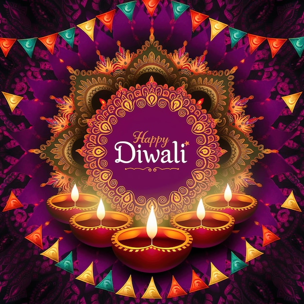 Happy Diwali Festival of Lights Celebration with Decorative Lamps and Mandala Art