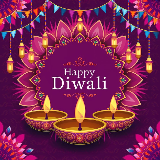 Happy Diwali Festival of Lights Celebration with Decorative Lamps and Mandala Art