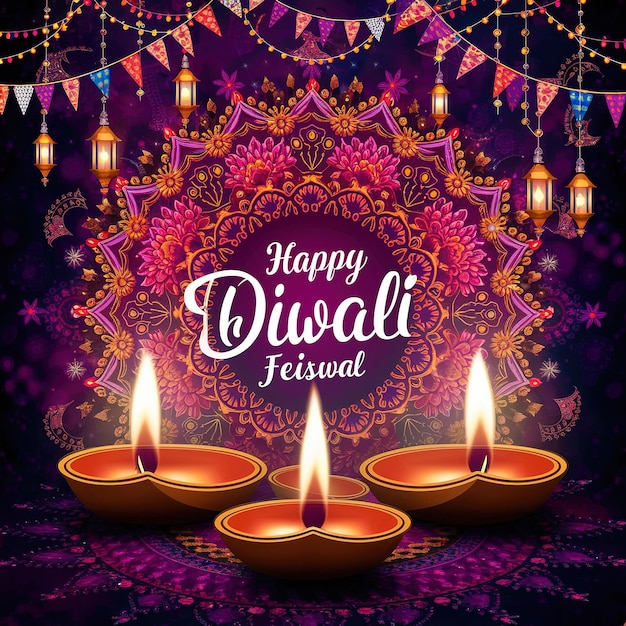 Happy Diwali Festival of Lights Celebration with Decorative Lamps and Mandala Art