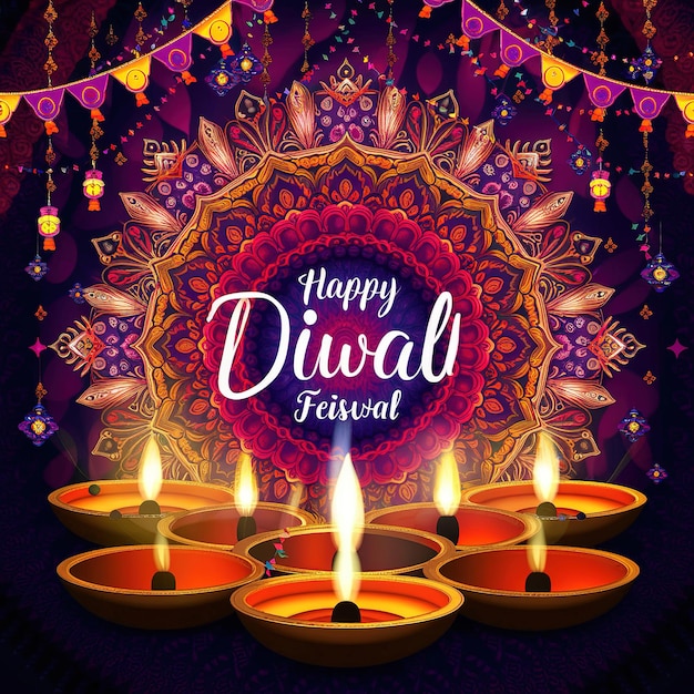 Happy Diwali Festival of Lights Celebration with Decorative Lamps and Mandala Art