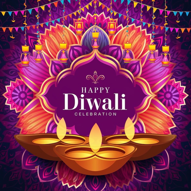 Happy Diwali Festival of Lights Celebration with Decorative Lamps and Mandala Art