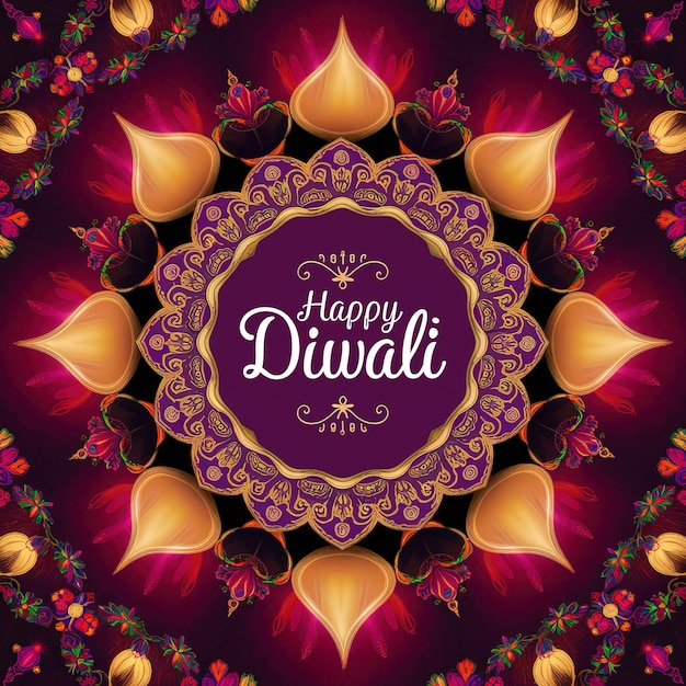 Happy Diwali Festival of Lights Celebration with Decorative Lamps and Mandala Art