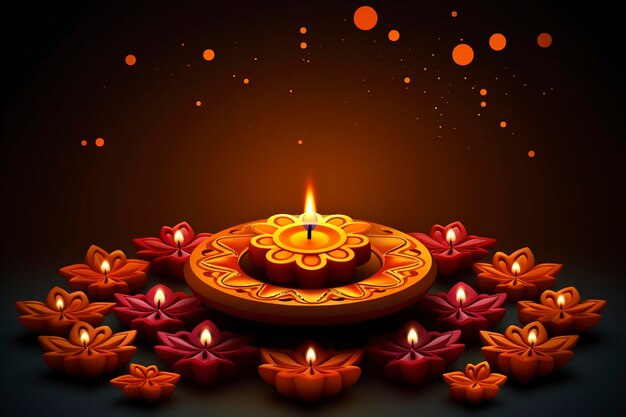 Happy Diwali greeting card design using Beautiful Clay diya lamps lit on diwali night Celebration