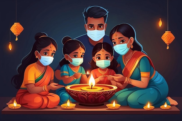 happy diwali greetings a family making diya decoration with wearing surgical mask