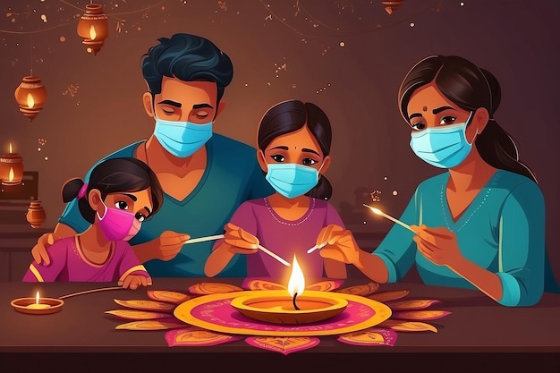 happy diwali greetings a family making diya decoration with wearing surgical mask