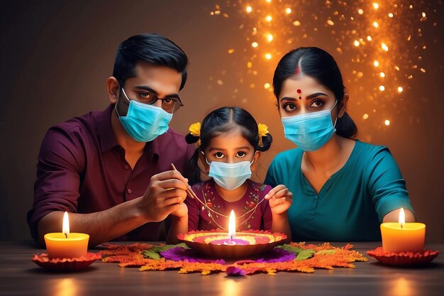 happy diwali greetings a family making diya decoration with wearing surgical mask