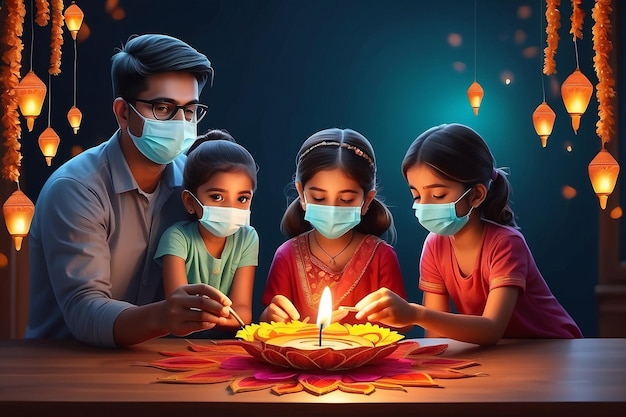 happy diwali greetings a family making diya decoration with wearing surgical mask