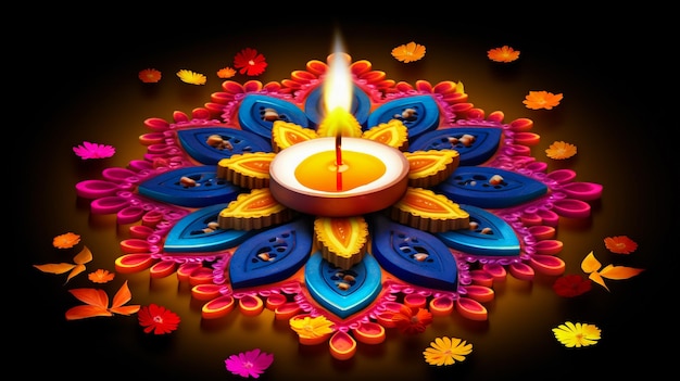 happy Diwali greetings Rangoli decoration with Diya or lamp vector illustration design