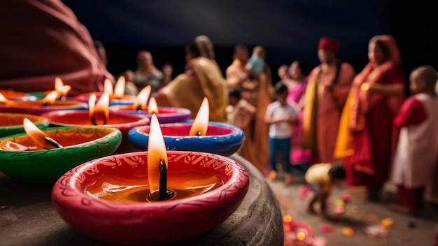 Photo happy diwali hand holding or lighting or arranging diwali diya or clay lamp in brass plate