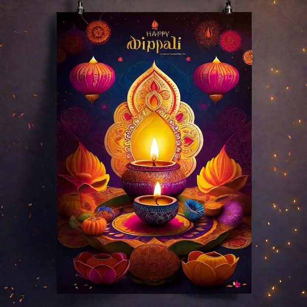 Happy Diwali Hindu festival modern design set in paper cut style with oil lamps on colorful waves an