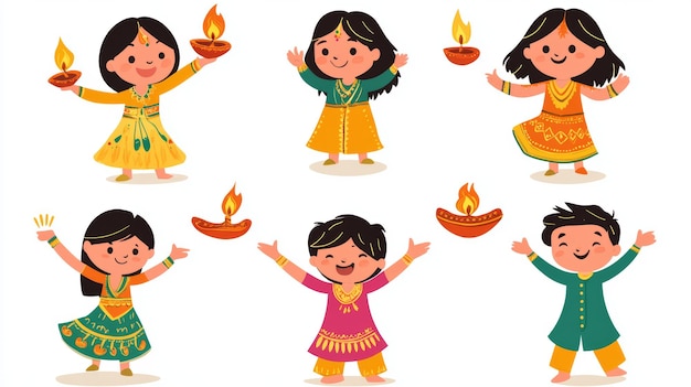 Photo happy diwali kids celebrating festival of lights illustration