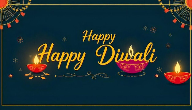 Photo happy diwali poster or banner design with illuminated oil lamps on blurred lighting background