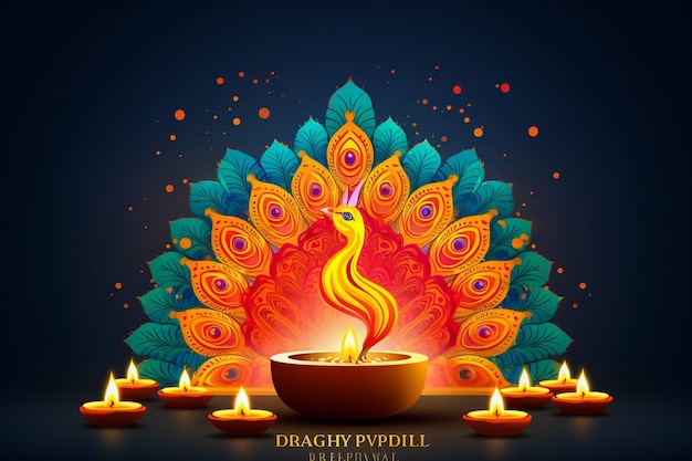 Happy Diwali Poster with Diya Lamp and Peacock