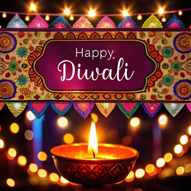 Photo happy diwali with colorful diwali lights and bright mandala