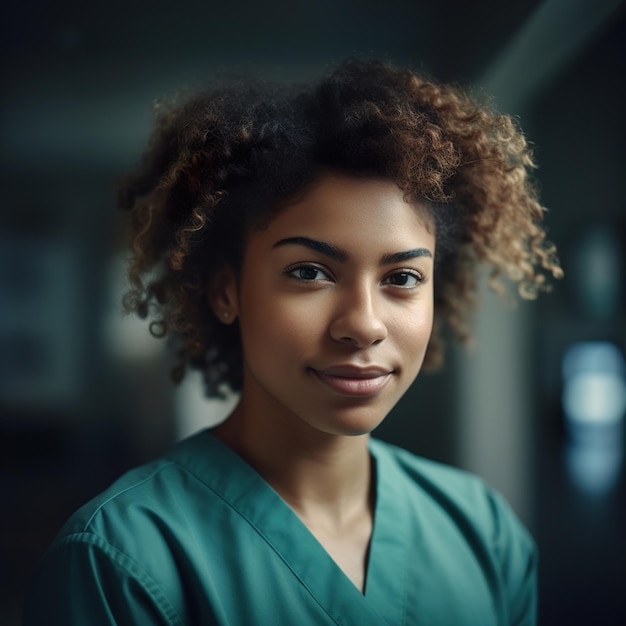 Happy doctor african woman smiling in hospital walls Generative Al