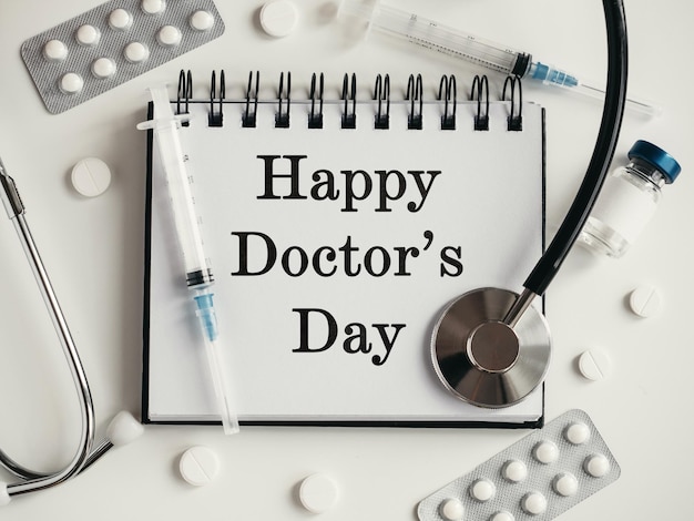 Happy Doctors Day Greeting Card Closeup view from above nobody Concept of preparation for a professional holidays Congratulations for loved ones relatives friends and colleagues