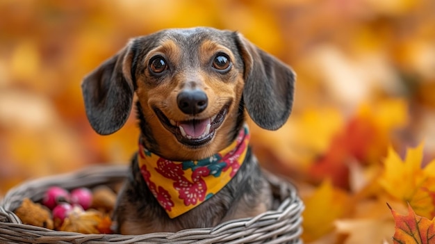 Happy Dog in Autumn Leaves with Colorful Scarf