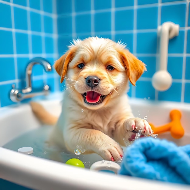 Happy dog bath time with blue towels