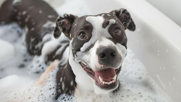 Happy dog in a bathtub covered in soap suds looking up at its owner with a wagging tail