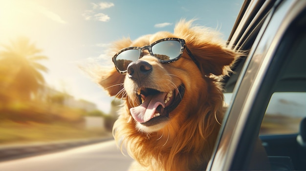 Happy dog in the car window summer travel