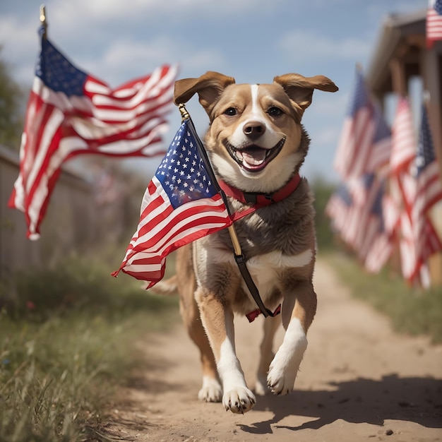 Happy dog carrying and playing the American flag Ai Generated