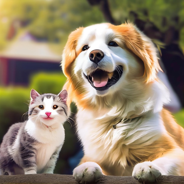 Happy dog and cat friends posing together