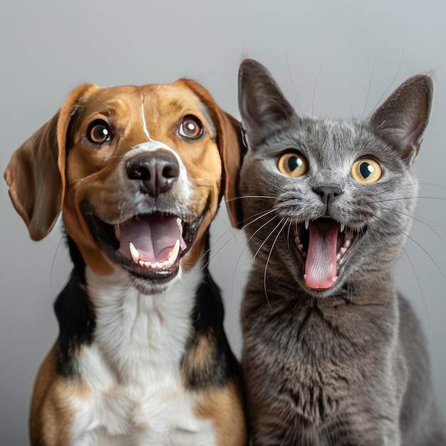 Photo happy dog and cat open mouth