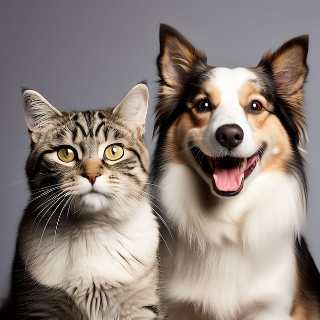 happy dog and cat that looking at the camera together isolated