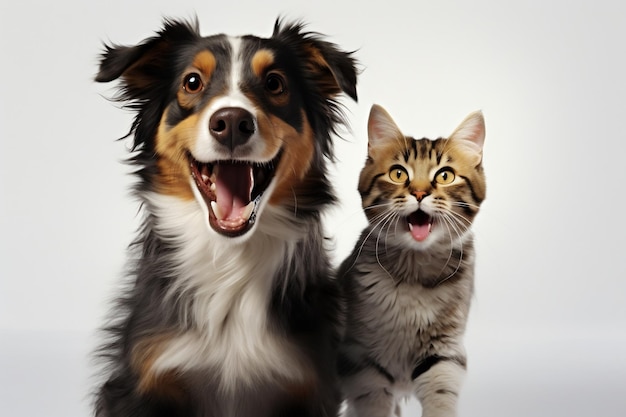 Happy Dog and Cat on White Background Generative AI