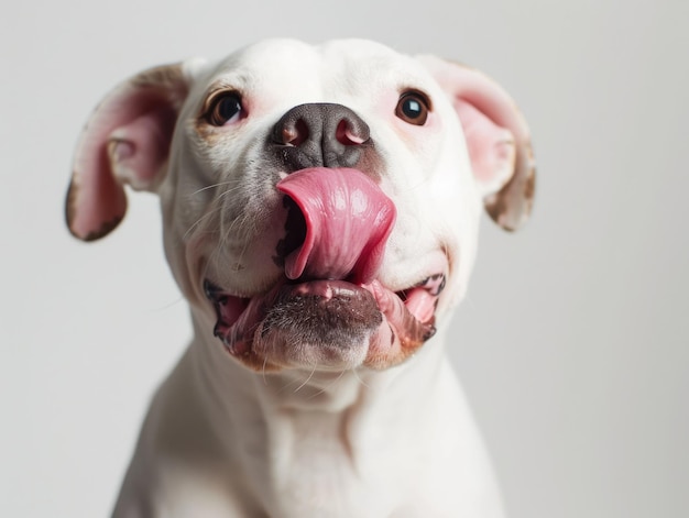 Happy Dog Eating Isolated Funny Fat Puppy Licking Head Waiting for Delicious Supply