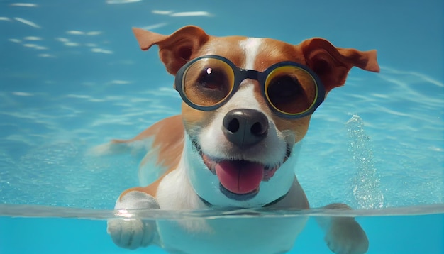 Happy Dog having fun at summer holidays in a swimming pool