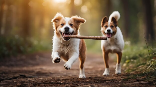 Photo a happy dog is playing with a stick and is biting a large stick