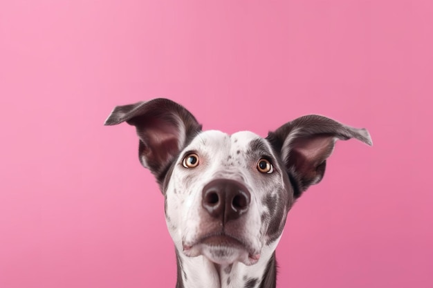 Happy dog isolated on pink background