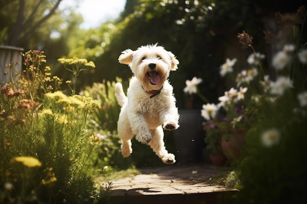 Happy dog jumping in the garden created by generative AI