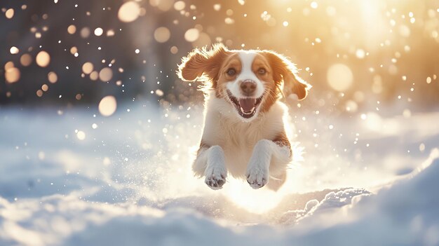 Happy dog jumping through the air in the snow with a sunny bokeh background