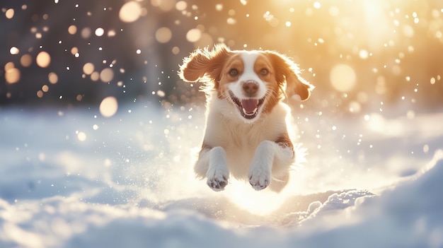 Photo a happy dog jumps through the air in a snowy forest with the sun shining behind it