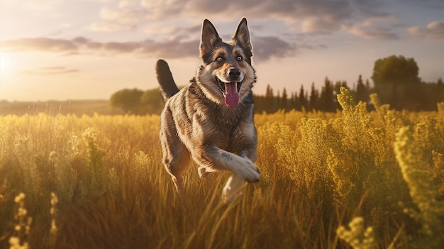 A Happy Dog Leaping with Delight across the Sunlit Field Generative AI